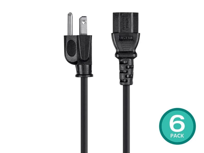 Monoprice Power Cord - NEMA 5-15P to IEC 60320 C13, 16AWG, 13A/1625W, 125V, 3-Prong, 2ft, Black, 6-Pack - Image 2